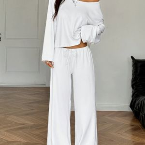 2-delige dames casual asymmetrische crew-neck lange mouw top en riem broek set, kleur, polyester, voor herfst