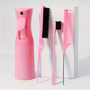 4-delige Haarstyling Kamset met Spuitfles - Ontwarrend, Rat Tail, Edge Control Borstel voor Gladde en Getemperde Afwerking, Geurloos, Geschikt voor Alle Haartypes