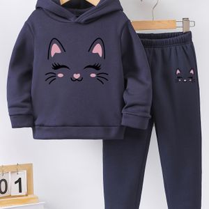Herfst/Winter Smile Face Kitten Graphic Print Warm Fleece Hooded Sweatshirt En Sportbroek voor Meisjes, voor Buiten