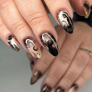 Word glamoureus met 24 stuks korte katteoog amandel nagel kunstnagel set voor vrouwen & Halloween donkere ster zwarte mist horror zwarte kat volledige nepnagel stickers