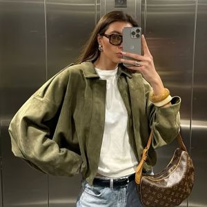 Dames Y2K Bomberjack - Lange Mouw Jas met Rits en Vierkante Hals, Niet-Rekbare Stof, Losse Streetwear Bovenkleding voor Lente/Herfst, Casual Chique Stijl