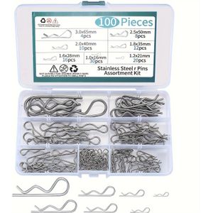 100pcs Cotter Pins Assortment Kit, Stainless Steel Spring Retaining Clips, R Shaped Cotter Pin Assortment Kit For Automotive Marine, Lawn Mowers Replacement Trailer Pin Clips