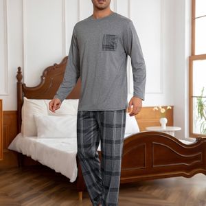 2-Delige Heren Loungewear Set in Donkergrijs: Lange Mouwen Top en Broek met Patchwork Zakken