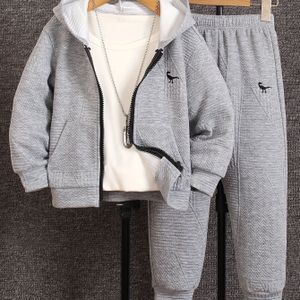 2-delige jongensdinosaurus geborduurde casual lange mouwen pak set, comfortabele regular fit capuchonjas en broek combo voor lente en herfst buitenkleding
