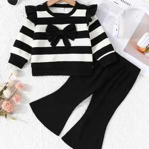 2-delige Winteroutfit Set - Gestreepte Trui & Wijde Jumpsuit met Strikaccent, Horizontale Strepen in Zwart en Wit, Elastische Taille Romper, Wasmachinebestendig (0-6m), Perfect voor Buiten