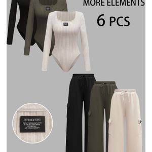 Herfst/Winter Dames 6-delige Set: Casual, Commuter, Elegante Stijl met Vierkante Hals, Geribbeld, Gevoerd, Verstevigd, Slim-Fit Bodysuit en Wijdpijpbroek