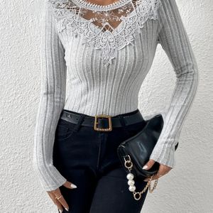 Elegant Women's V-neck T-shirt With Lace Appliqué - Striped, Long Sleeve, Polyester Blend - Spring/fall