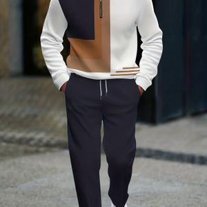 Heren Casual Geometrisch Lange Mouw T-Shirt & Broek Set - , Grijs en Witte Kleurblok, Regular Fit met Zakken, Streetwear, Casual Kleding|Geometrisch Top|Stretch Stof