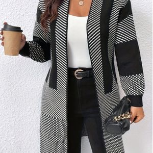 Plus Size, Plus Size strepen colorblock cardigan geschikt voor Herfst/Winter - Casual Standaard Kraag Middellange Jas, Knusse Laagjesstuk voor Blouses & Broeken