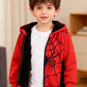 Jas voor jongens met spinnenwebprint en fleecevoering | Casual jas met capuchon, lange mouwen en verdikte herfst/winter bovenkleding voor jongens, vezelvoering.