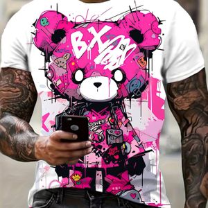 Zomerse Casual Sportkleding voor Heren - Levendige 3D Cartoon Beer Print T-shirt met Korte Mouwen, Ronde Hals, Lichtgewicht Polyester, Machinewasbaar