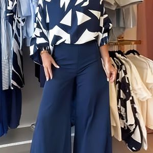 Vrouwelijk Elegante Gedrukte Top en Wijdbeens Broek Set, Polyestermengsel, Off-Shoulder/Een-Schouder, Lente/Herfst Mode, Twee-Delige Outfit