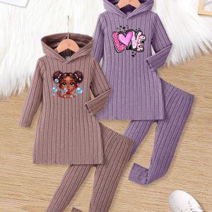 4 stuks Meisjes Lente/Herfst 'LOVE Lettering' Print Lightgewicht Geribbelde Capuchon Jurk & Slim Fit Casual Broek Set, Perfect voor