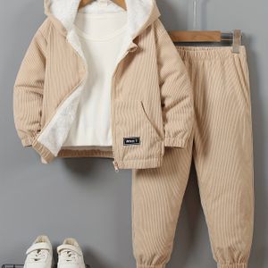 Jeugdige Corduroy Fleece-gevoerde Hooded Lange Mouw Jas + Corduroy Broek Set - Lichtblauwe Casual Herfst/Winter Outfit met Ritssluiting, Pasvorm, Niet-Stretch Stof, Perfect voor Buiten