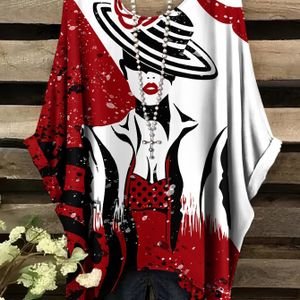 Plus Size, Dames Plus Size T-Shirt - Rode & Zwarte Retro Print Tee, Casual en Formele Outfits - Wasmachinebestendige Top voor Vrouwen