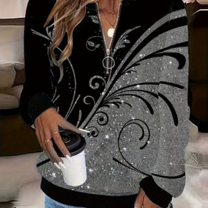 Dames Elegante Zwart & Grijs Gemarmerde Bladprint Ritsjas met Opgeblazen Mouwen - Lange Soft Sweater Jas voor /Herfst, Casual en Formeel , Handwasbare Ronde Hals Gezette Cardigan