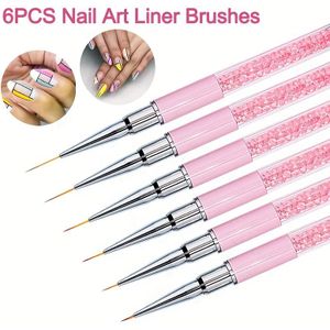 6-delige Nail Art Penselen Set met Dop, Super Nagelkunst Liner Penselen voor Lange Lijnen en Details, Roze Decoratie, Maten 5/7/9/11/15mm – Cadeau voor Vrouwen