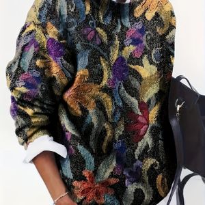Casual Dames Trui - Dik & Zacht met Bloemenprint, Ronde Hals en Lange Mouwen, Levendige Meerkleurig op Donkere Achtergrond, Veelzijdig Laagje voor Alle Seizoenen, Comfortabele Dagelijkse Kleding