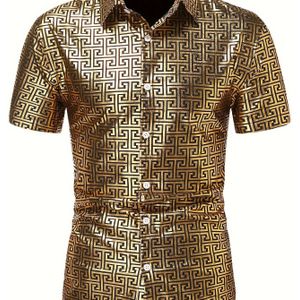 Mannen Geometrische Grafische Print Overhemd, Casual Revers Up Korte Mouw Overhemd Voor Zomerse Buitenactiviteiten.