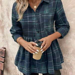 Geruit Overhemd met Knoopsluiting, Casual Overhemd met Lange Mouwen en Reverskraag voor Lente & Herfst, Dameskleding