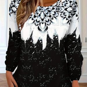 Damesmode Florale Gradiëntprint Lange Mouw Sweatshirt, Casual Rond Hals Loose Fit Pullover, Polyester Knit Top voor Herfst/Winter