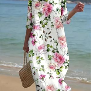 Tunic Dress Met Bloemenprint Voor Dames, Casual Rond Hals, Lange Mouwen, Losse Pasvorm, 100% Polyester, Geweven Stof, Niet Stretchend, Kwart Lange Mouwen, Voor Zomer/Herfst/Weekend Casual Wear