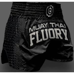 Muay Thai Shorts voor Volwassenen - " FLUORY" Ontwerp, Zwart met Witte Accenten, Niet-Rekbare Polyester, Ideaal voor & , Handwasbaar - Perfect voor Lente/Zomer Sportevenementen, Boksshort
