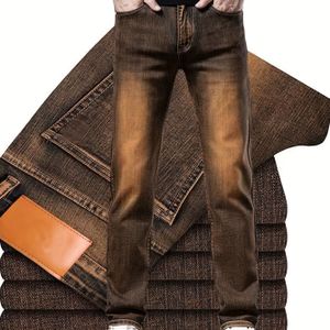 Heren Denim Broek Elastisch Eenvoudige Denim Lange Broek Slankmakend en Vormgevend Heren Donkerbruine Kleding Multi-Proces Herenbroek, Geschikt voor Alle Seizoenen