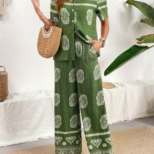 TEMU Voorjaars/Zomer Vakantiestijl Etnische Ademende Tropische Planten Positieprint Vest en Wijde Broek Tweedelige Set