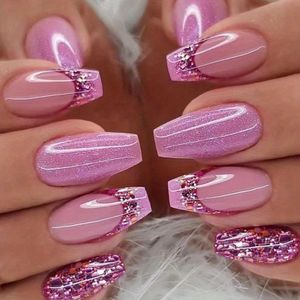 Korte Paarse Glitter Franse Stijl Ballet Nageltips met Verwijderbare Plaknagels, Inclusief Jelly Lijm en Nagelvijl
