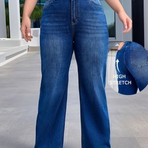 Plus Size Dames Rechte Jeans met Hoge Stretch - Casual Kleur, Gewassen Blauw, Comfortabele Pasvorm voor Lente/Zomer/Herfst, Taille, Duurzame Stof