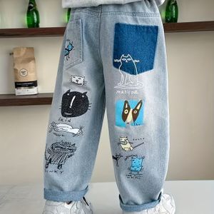 Jongens' Casual Cartoon Print Wijde Pijpen Jeans met Puff Details & Gescheurde Knieën - Lente/Herfst Streetwear Broeken voor Tieners, Handwas Alleen, Baggy Jeans