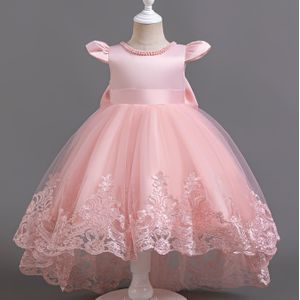 Prachtig kant patchwork & cap mouw meisjes formele jurk, hoge lage zoete jurk voor podium show performance jurk verjaardagsbanket