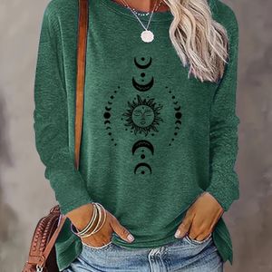 Vrouwen Retro Zon & Grafische Print Lange Mouw T-Shirt - Zachte Stretch Ronde Hals Top, Levendig Casual Shirt voor Lente Zomer Herfst, Machinewasbaar, Seizoensmode, Motief Tee, Niet- Materiaal
