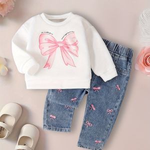 Meisjes Herfst Nieuwe Stijl Strikprint Denim Outfit Set, Casual Tweedelige Jeanspak, Perfect voor Buiten