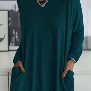 Casual Top In Grote Maten, Dames Plus Tuniektop Met Lage Schouder, Lange Mouwen, Ronde Hals En Zakken