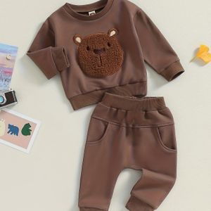 Herfst/Lente Jongens Beer Ronde Hals Lange Mouw Top + Kleur Broek Set, Ideaal voor Buiten