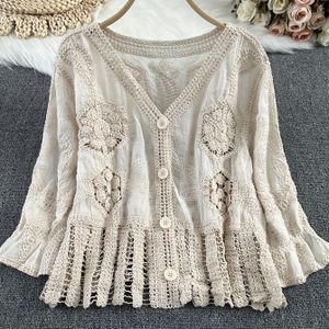 Elegante Gebreide Patchwork Cardigan met Mid-Sleeve en Uitgesneden Rand | V-Hals, Niet-Rekbare Stof, Lantaarnmouw, Alle Seizoenen, Knoopsluiting, Regular Fit