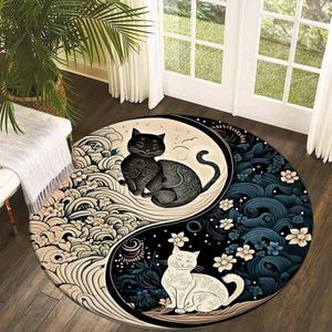 Yin Yang Retro Cat Round Rug Soft Polyester Entrance Area Rug Washable Anti-slip Short Plush Indoor Rug Living Room Bedroom Dining Table Entrance Home Decor Office Chair Mat Carpet