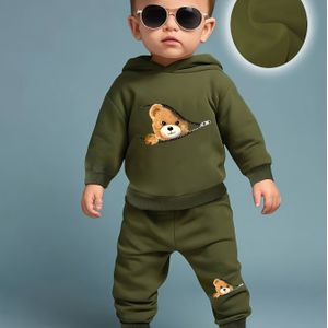 Lente en herfst baby jongen cartoon beer print hoodie sweatshirt met broek schattig tweedelig set voor doelgericht ontwikkeling, voor buiten