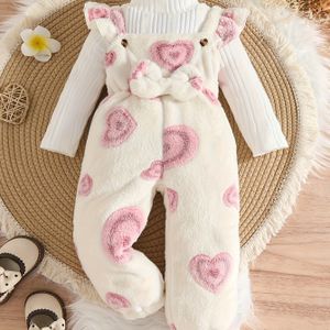 Schattige 2- Meisjesoutfit Set - Gezellige Lange Mouwen Top en Jas met Hartjespatroon en Strikdetail, Machinewasbaar, Perfect voor Buitenactiviteiten