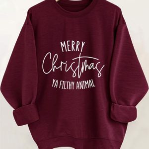 Grappige en Kersttrui - "Merry Christmas Ya Filthy Animal" Slogan, Beige & Zwarte Letters, Casual Ronde Hals Pullover, Knusse Trui voor Feestjes Cadeaus (Wasbaar in de Machine)