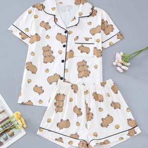 Schattige Pyjama Set Met Capybara-print, Korte Mouwen Knoopsluiting Top & Elastische Shorts, Dames Nachtkleding