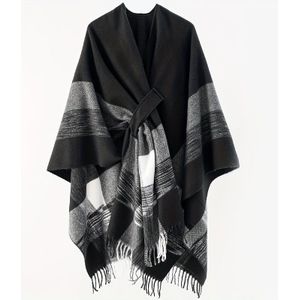 Zwarte Wit Gestreepte Vest, Stijlvolle Open Voorkant Kwast Sjaal, Lente Herfst Winddichte Warme Mantel Voor Vrouwen