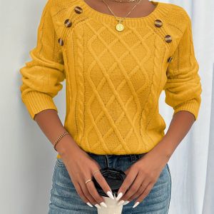 Kabelgebreide Decor Trui, Casual Lange Mouw Ronde Hals Trui Voor Herfst & Winter, Dameskleding