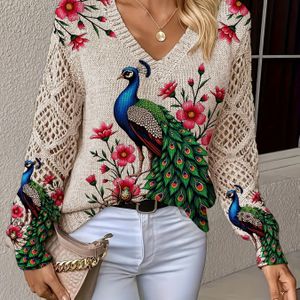 Plus Size, Dames Plus Size Vintage Pauw Bloemenprint V-Hals Kanten Trui - Lange Mouwen Blouse Geschikt voor Herfst, Elegant Casual & Speciale Gelegenheden, Comfortabele Pullover Trui