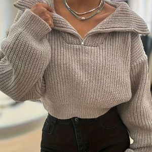 Vrouwen's Elegante Geribbelde Trui - Hoge Kraag Halflange Mouw Cropped Pullover, Relaxed Fit Top voor Herfst Winter, Veelzijdig Laagse Essentie