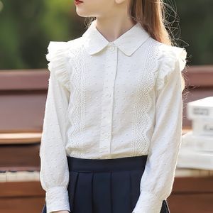 Meisjes Lente/Herfst Shirt - Kleur Lange Mouwen Top met Witte Kantafwerking, Zoete Bosgeïnspireerde Open Vest voor Kinderen, Veelzijdige Streetwear Outfit