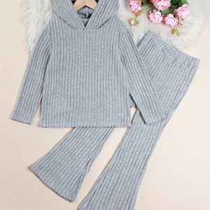 Meisjes Lichtgrijze Gebreide Set met Capuchon en Wijde Broek, Minimalistische Casual Stijl, Ideaal voor Buiten