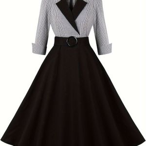 en Zwarte Elegante Dames Rockabilly Jurken met Inkepingkraag 3/4 Mouw Herfst Winter Vintage Jurken voor Vrouwen